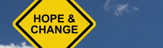 Hope and Change Warning Sign Yellow warning road sign with word Hope and Change with sky background